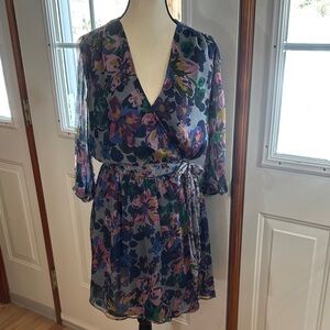 MNG Collection Blue Floral Silk Mini Wrap Dress